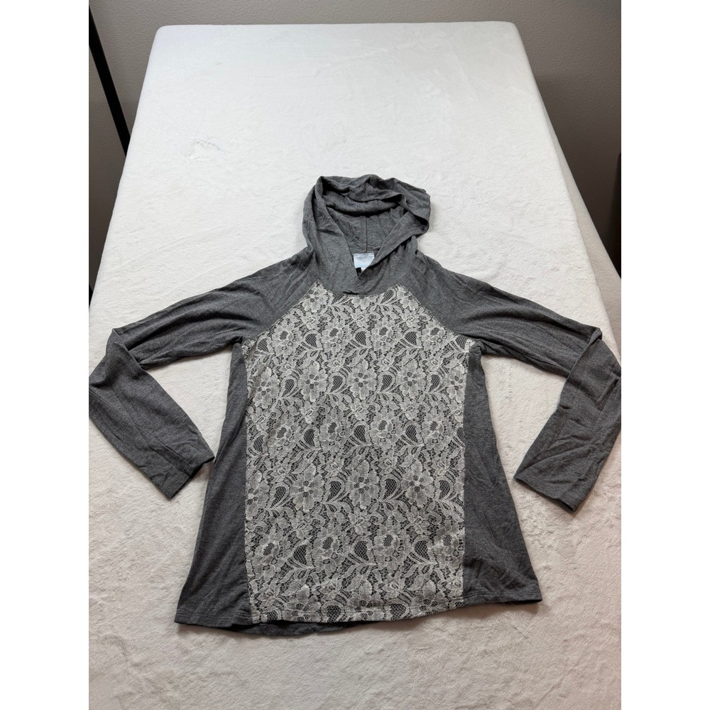 Sunday Lace Front Hoodie Womens Small Grey Good Raglan Sleeve Lightweight Knit